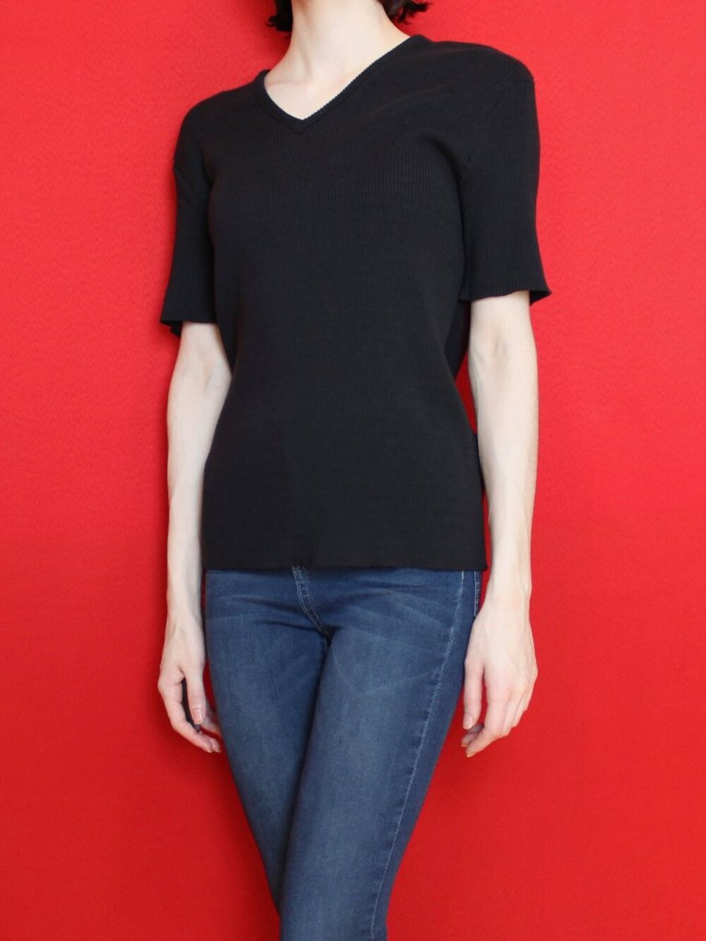 NWT Vintage Black Knit Ribbed V-Neck Stretchy Short Sleeved T-Shirt, Size L